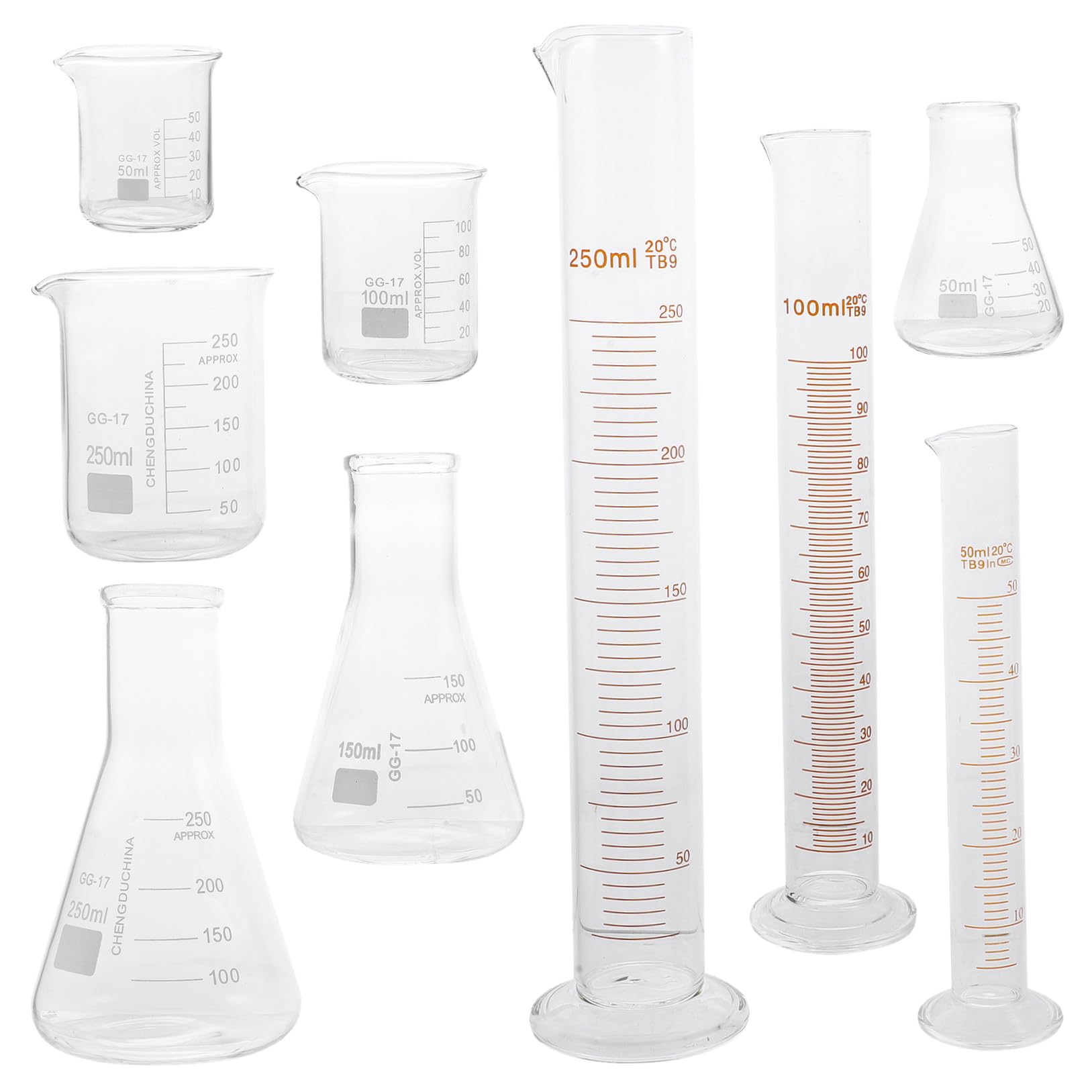 Juego de Cilindros Graduados de Vidrio 9 Piezas 50 Ml | 100 Ml 150ml 250ml, Medición Precisa, Aplicaciones de Ciencias Vida y Educación