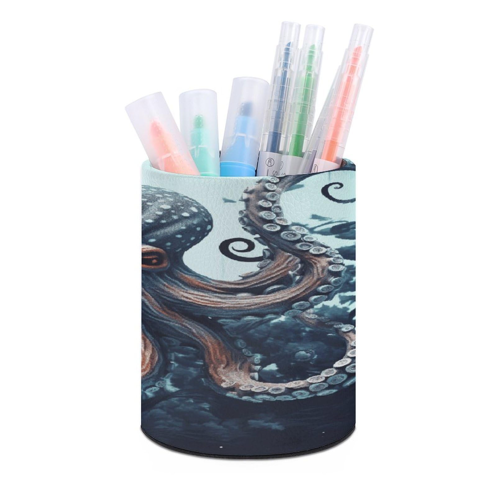 FekiLoot PU Leather Round Pen Holder Cool Octopus Pencil Holder Desk Organizer Pen Organizer Pen Cup Pencil Cup Caddy Desktop Stationery Organizers for Office Home Supplies