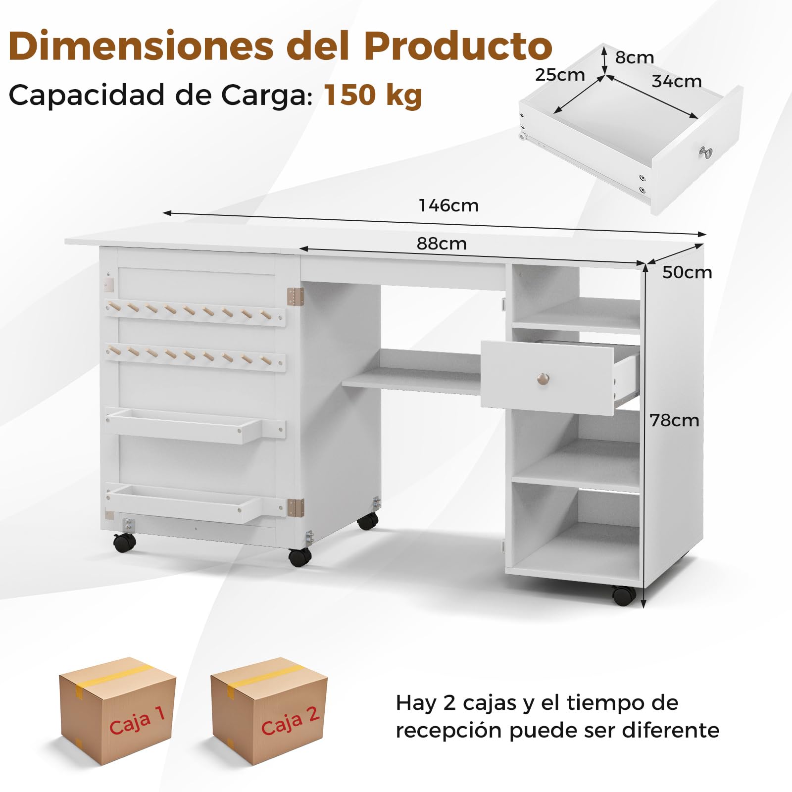 COSTWAY Armarios de Costura, Mesa Plegable de Costura Multifuncional con 3 Estantes de Almacenamiento, 18 Ganchos y 2 Soportes para Hilos, Mesa de Trabajo de Costura Portátil con 6 Ruedas Bloqueables