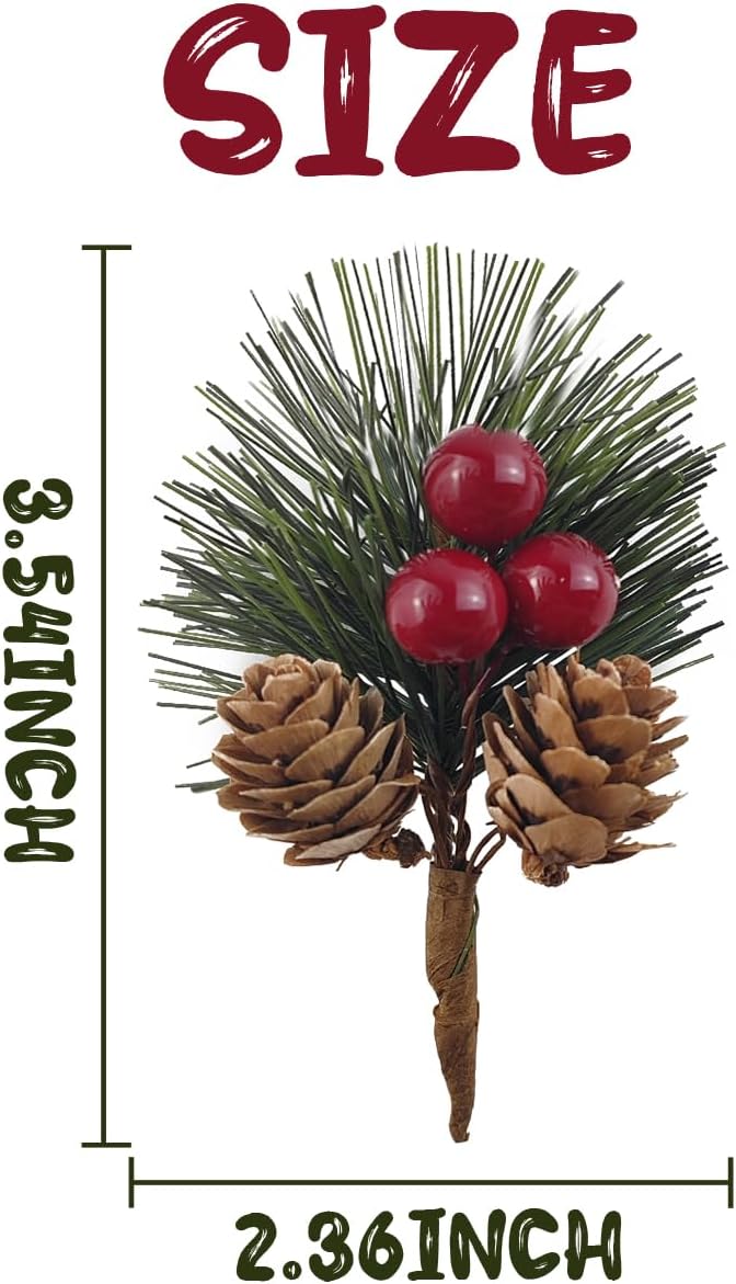 TIHOOD 25PCS Artificial Pine Picks, Pine Needles Branches with Red Berry Stems, Small Fake Berries Pinecones Branches for Crafts Christmas Tree DIY Garland Holiday Wreath image 2