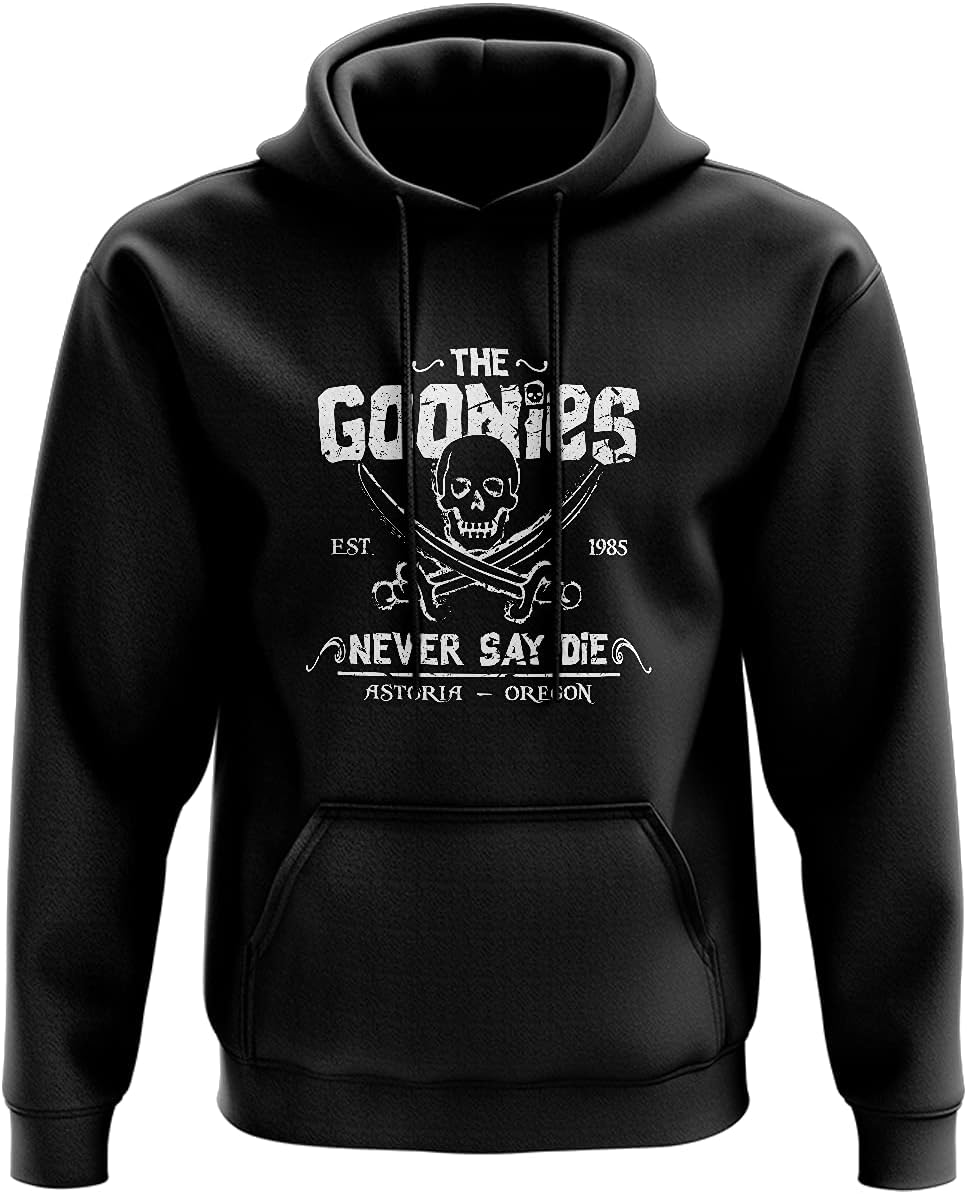 WillowGiftsNever Say Die Hoodie - Retro 80s Nerdy Pirate Film Movie Merch Gift Present Idea 80% Ringspun Cotton Polyester (2XL, Black)