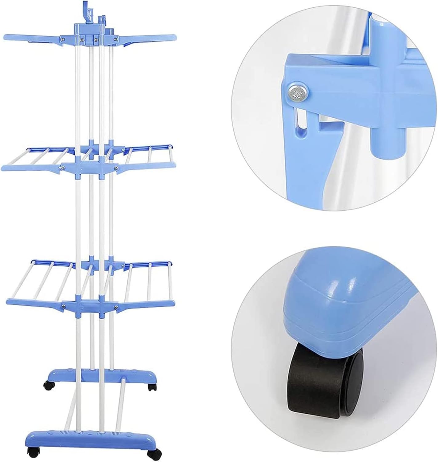 4-Tier Foldable Clothes Drying Rack with Casters, Tall Metal Garment Hanger for Indoor/Outdoor Laundry, Space-Saving Airer in Blue - Perfect for Home Use!