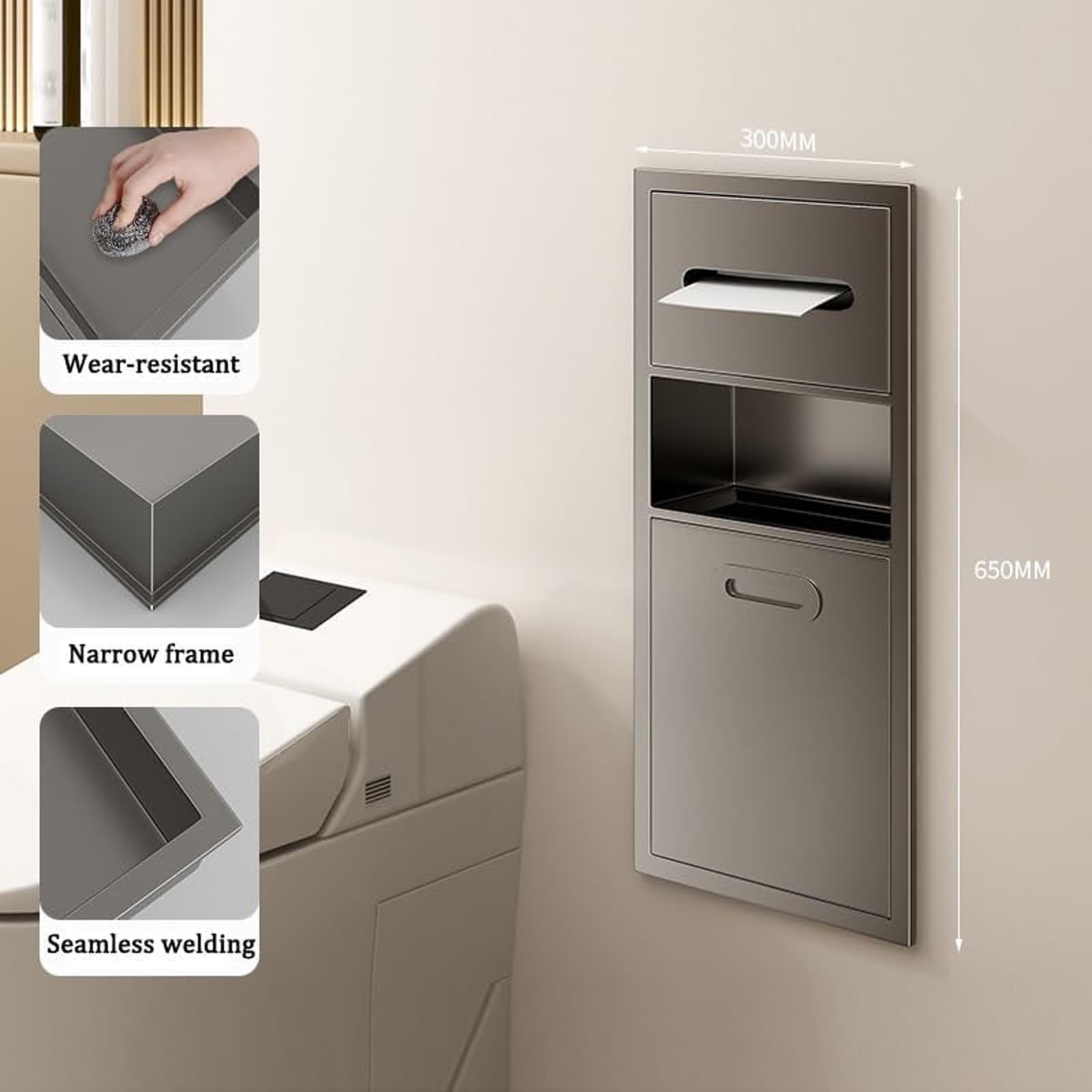 Essuie Main Distributeur de serviettes en papier encastré en acier inoxydable avec poubelle intégrée pour salle de bain, distributeur de papier toilette, niche intégrée pour centre commercial Hôtels