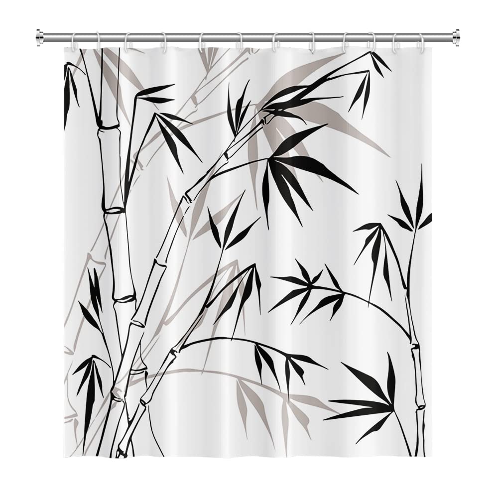 SDOTPMT 122x183cm Bamboo Silhouette Shower Curtain Bamboo Leaves Sketch White Bath Curtain Classic Ink Painting Bathtub Curtain for Kids Bathroom Decor Fabric Polyester Waterproof with Hooks - Image 3