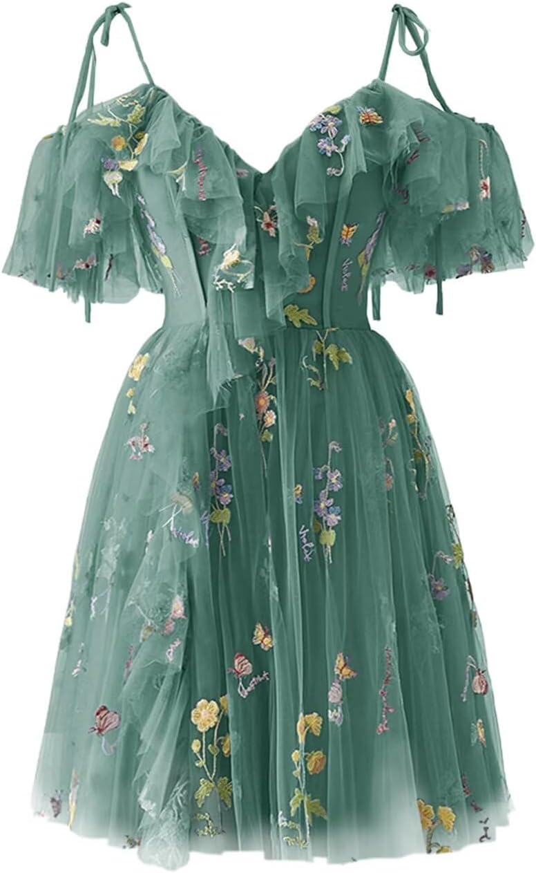 Bedlover Flower Embroidery Tulle Homecoming Dresses Cold Shoulder Short Prom Cocktail Party Gowns for Teens