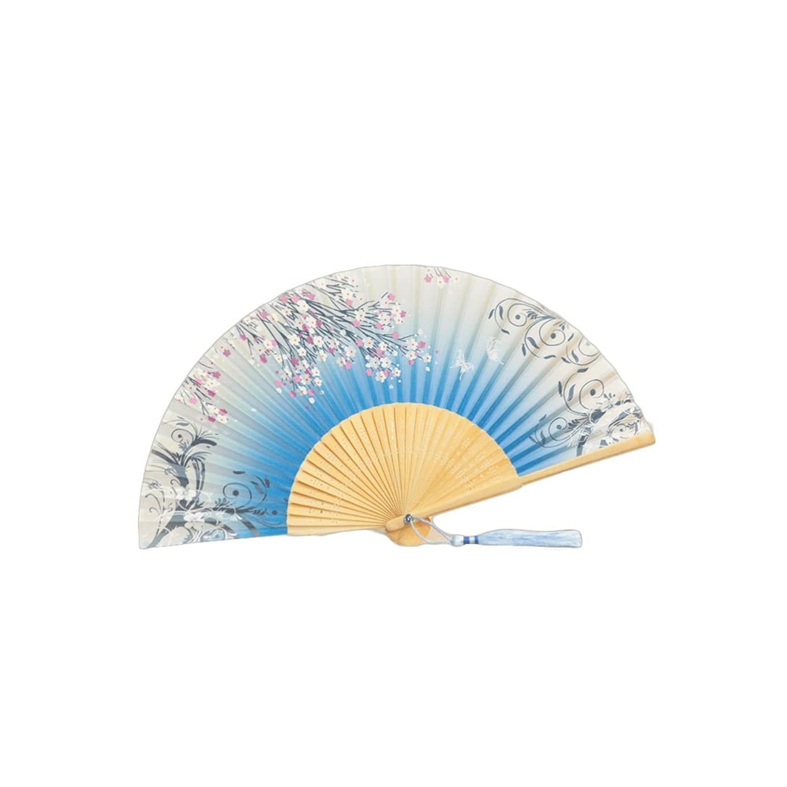 Folding Fans Blauw Floral Patterned Hand Fans Hand Held Folding Fans with Tassel Exquisite Patterns Silk Fans Decoration Gifts Decorative(Color:Blauw a) (Blauw a one size)