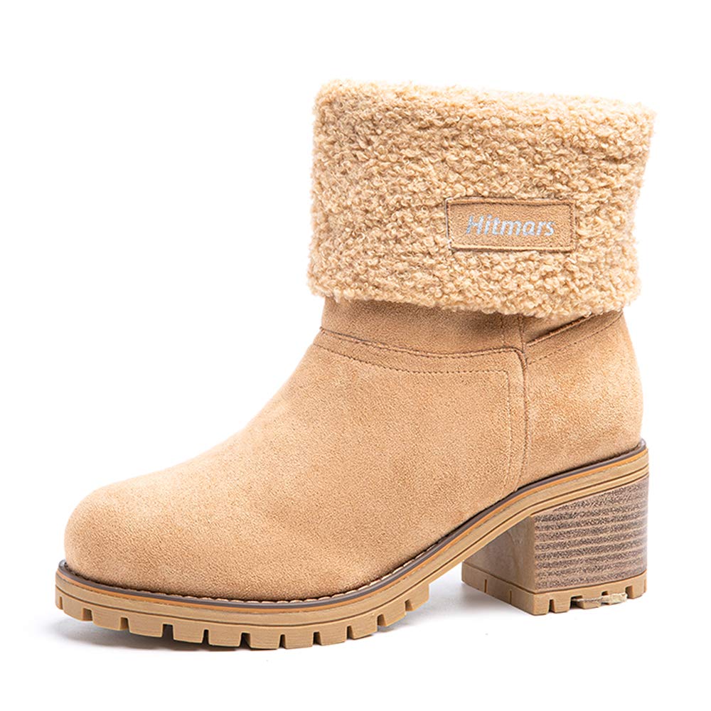 Hitmars Ladies Winter Boots Womens Fur Lined Boots Suede 6CM Mid Block Heel Slip On Snow Warm Boot Casual Walking Combat Black Brown Red Yellow Size 3-9 UK