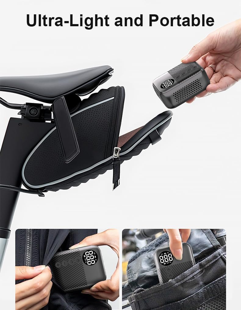 Mini Bike Tire Air Pump: Fast Inflate Portable Small Bicycle Electric Pump for Presta and Schrader Valves, 120 Psi High Pressure Pump with Digital Gauge for Road Bike, Mountain Bike, E-Bike