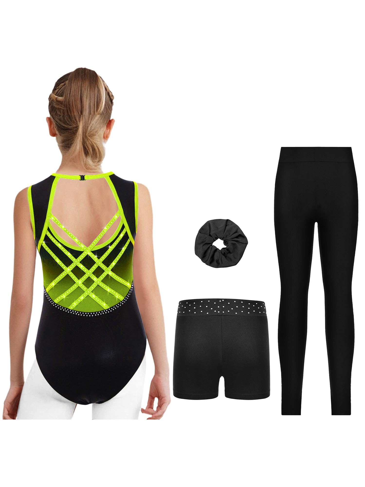 Pezzi Tutu Da Ginnastica Per Bambina Scintillante Tutu Da Ginnastica Con Pantaloncini Shorts Fazzoletto Per Capelli Leotard Da Da Maglia Da Per Competizioni Verde fluorescente 5-6 anni