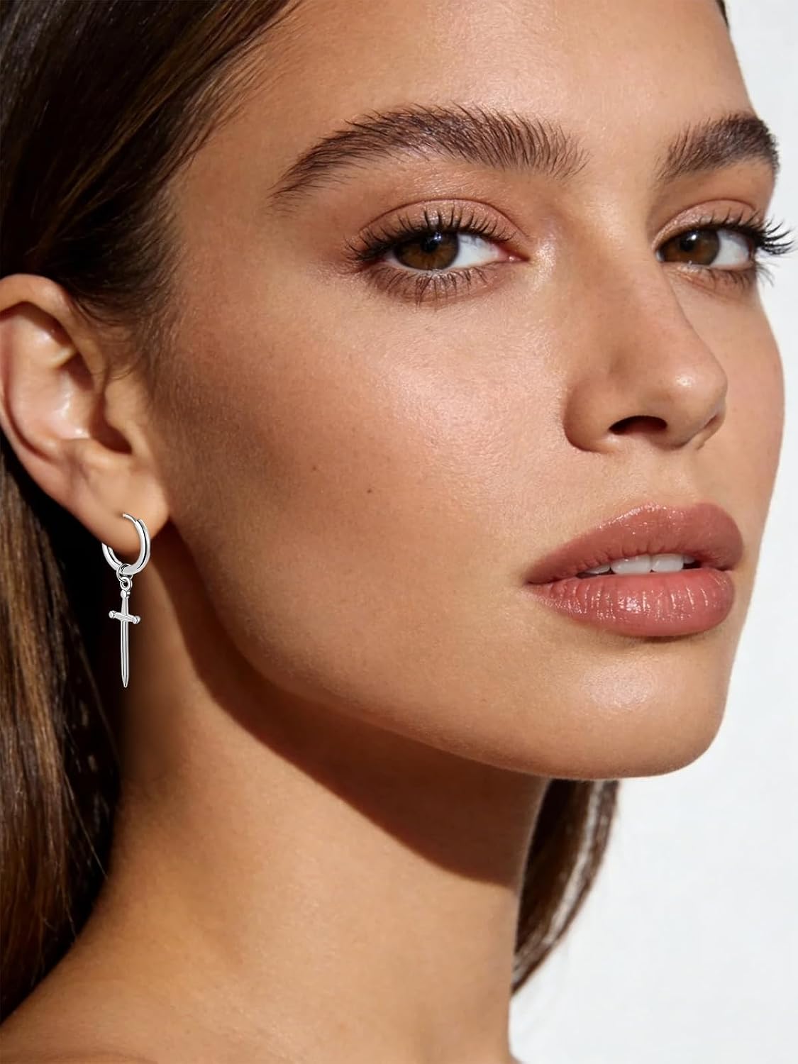 Silver Dagger Sword Cross Dangle Drop Small Hoop Earrings for Women Men Stainless Steel Hypoallergenic Huggie Hoops Dangling Earring Unisex Fashion Punk Hip Hop Minimalist Jewelry Gifts