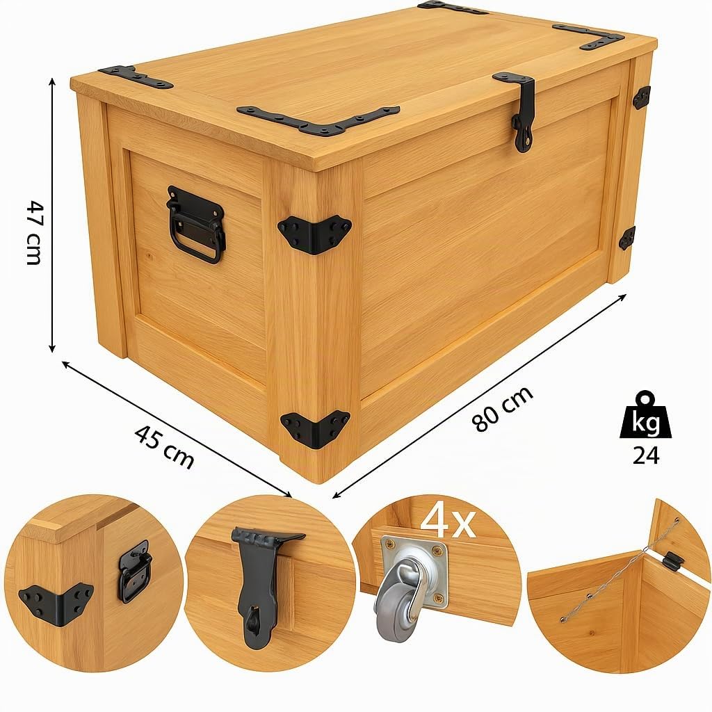 weeco Holztruhe mit beweglichem Regal und Rädern, Holzkiste mit Schiebeschublade, Schatzkiste aus Holz, Aufbewahrungsbox klappbarem Deckel 80x47x45cm, 24kg, Eichenfarbe