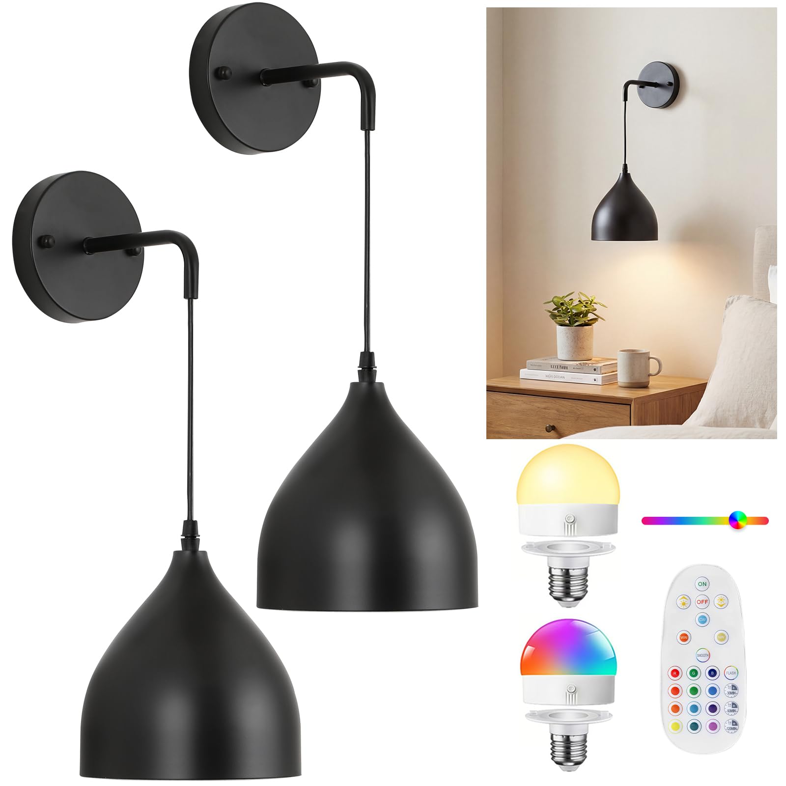 MeoYlaery Battery Operated Wall Lights Indoor,Wireless Wall sconces with Remote Control,Rechargeable ModernWall Lights Dimmable,Cordless Black Wall lamp for Bedroom Living Room Hallways Stairwells