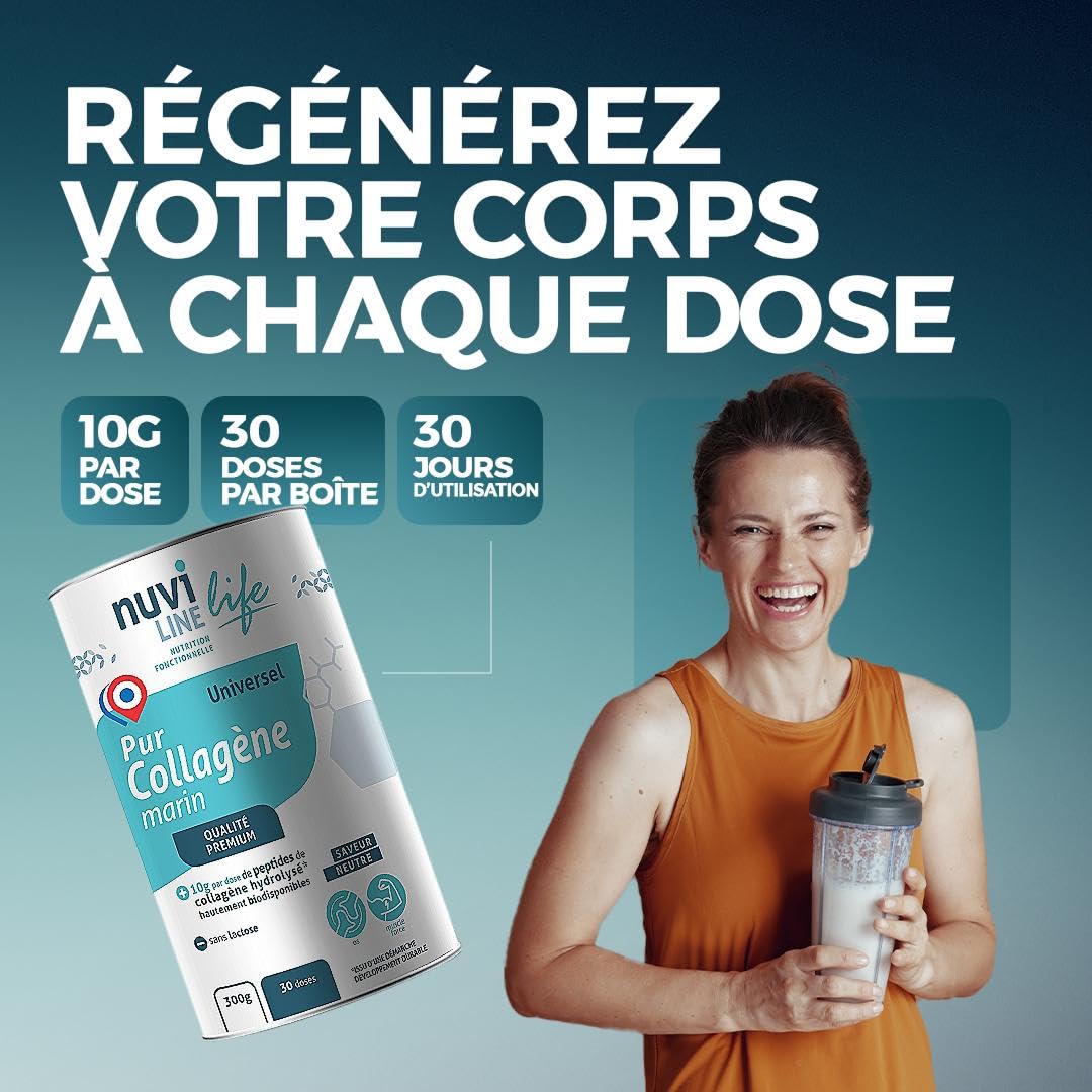 NUVILINE Life - Pur Collagène Marin Universel - Collagène Hydrolysé En Poudre - Muscles, Os & Articulations - Qualité Premium - Fabriqué En France - 300g (30 doses)