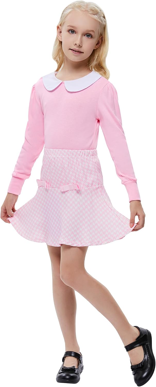 Girl's Skirt Sets 2 Piece Outfit Spring Summer Clothes Peter Pan Collar Tops Ruffle Mini Skirts with Bow 3-12Y