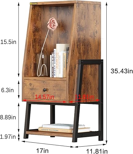 Miniatura 2 de MIN WIN Estantería de 3 estantes con cajón mesa auxiliar para sofá mesita de noche pequeña para sala de estar dormitorio oficina sofá pasillo marrón