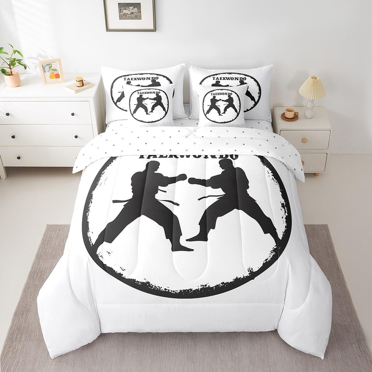 Feelyou Kids Taekwondo Comforter Set Twin Size 7 Pieces Boys Girls Kungfu Bedding Set Martial Art Japanese Style Bed in a Bag with Comforter, Sheets, Pillowcases & Cushion Cover