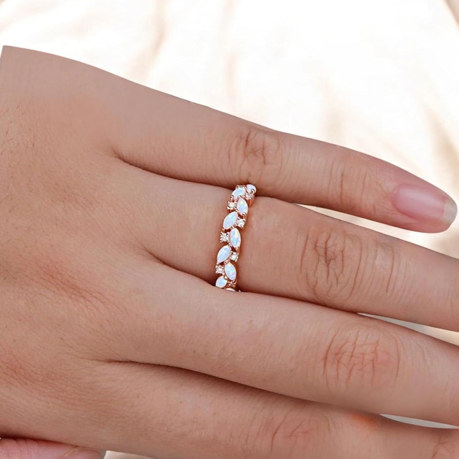 Antique Marquise Cut Opal Wedding Band, Unique Rose Gold Half Eternity Stack Band, Vintage Moissanite Wedding Ring, Custom Bridal Promise Ring - Handmade Vintage Jewelry Set for Women