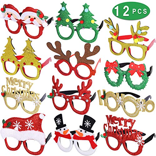 Max Fun 12 Pcs Christmas Glasses Glitter Party Glasses Frames Christmas Decoration Costume Eyeglasses for Christmas Parties Holiday Favors Photo Booth (One Size Fits All)