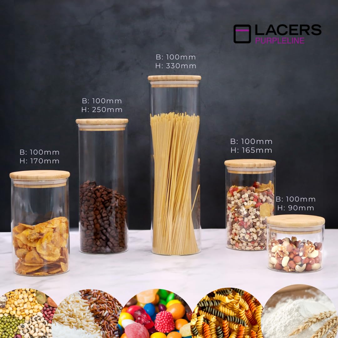 Lacers PurpleLine – Contenedores de almacenamiento de 10 piezas, cristal, juego de 5 recipientes + 5 tapas, tapa de bambú, 450 ml, 2 x 1000 ml, 1500 ml, 2000 ml, recipiente hermético