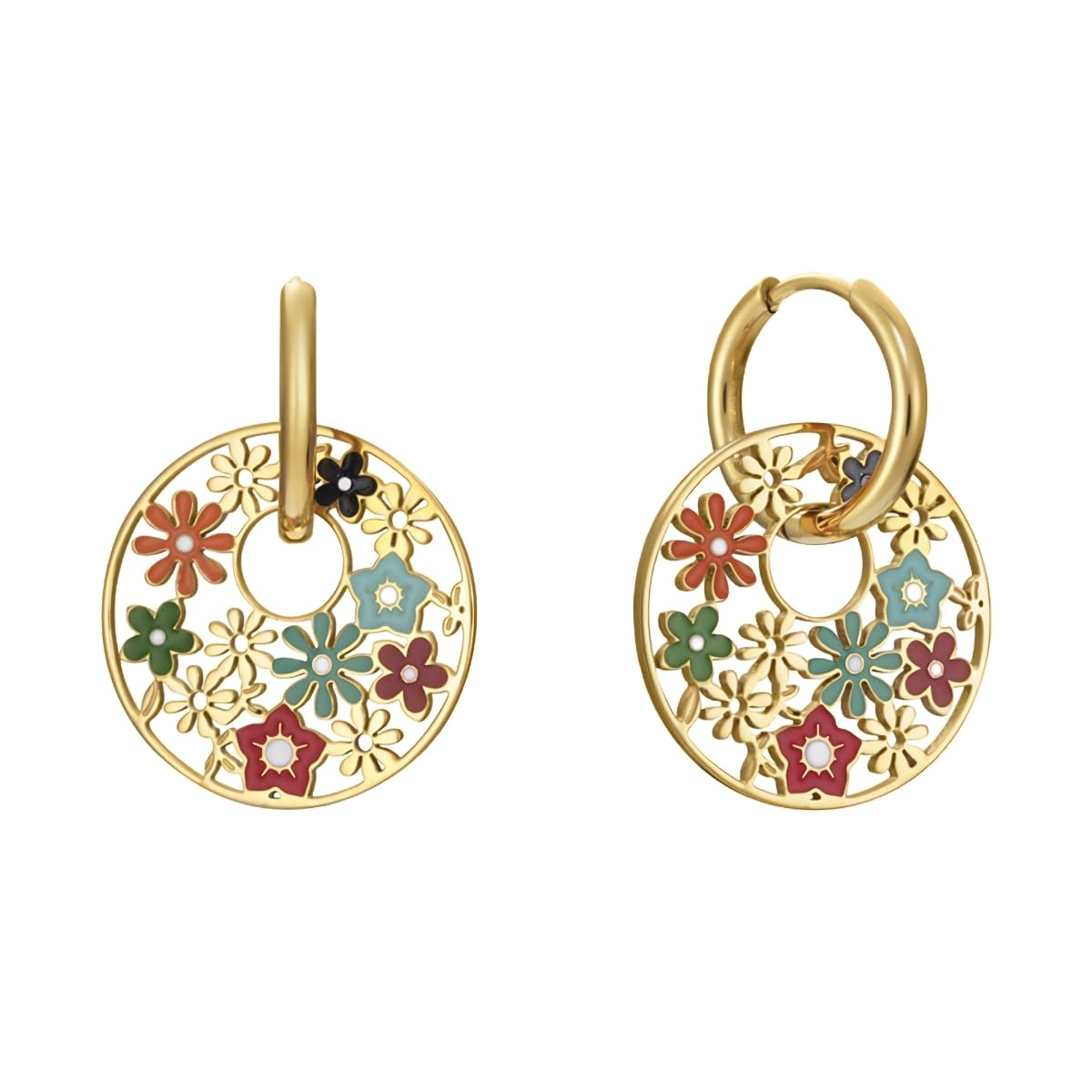 Viceroy Pendientes Kiss para Mujer de Acero Inoxidable con Baño en Tono Dorado - Diseño de Flores Multicolor - Joya Femenina para Regalo