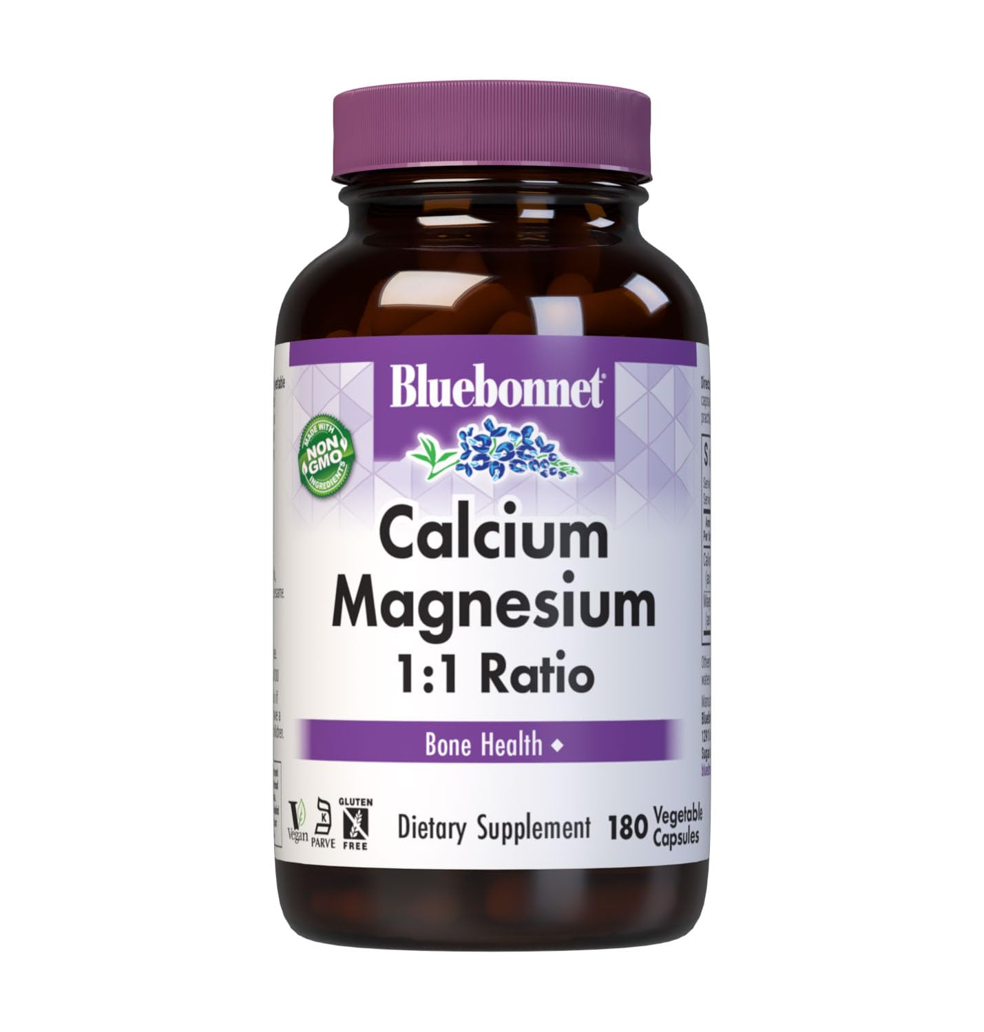 Bluebonnet Nutrition Calcium Magnesium 250 mg, 180 Vegetable Capsules Unflavored 180 Count (Pack of 1)