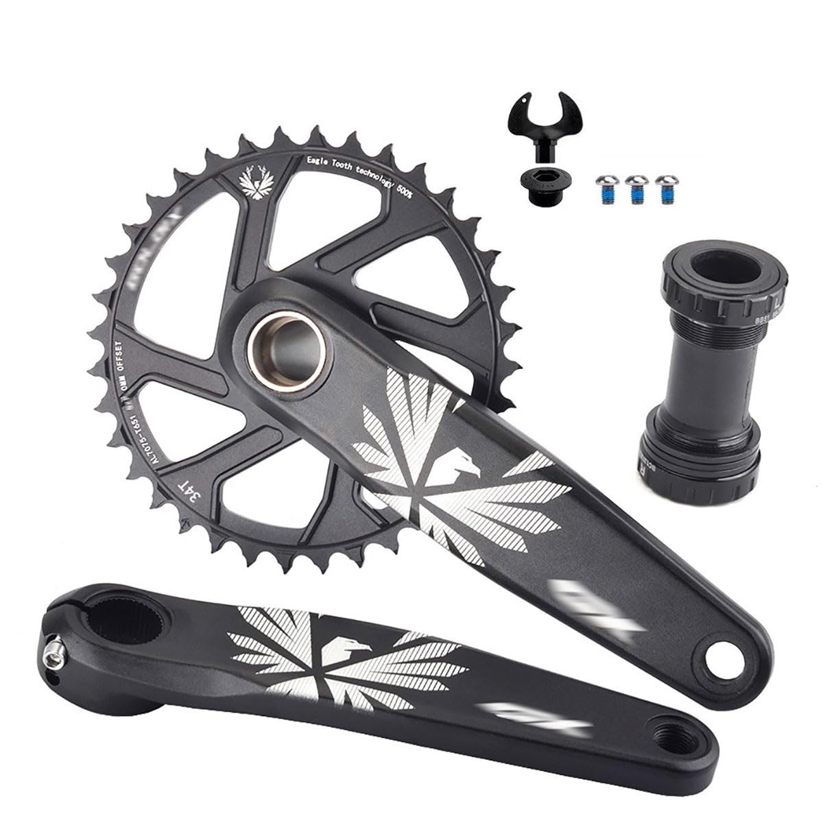 HZXQCVB Mountain Bike Crankset 170mm/175mm Crank Length Arms 30T/32T/34T/36T/38T Chainring Hollow Integrated Aluminum Alloy Crank With Bottom Bracket Kit(Black 170mm,36T)