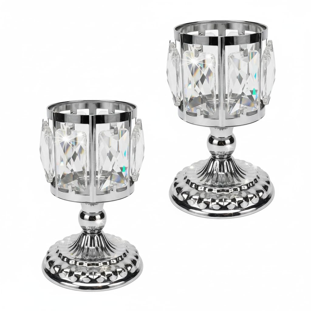 Olrla Crystal Tealight Candle Holders Set of 2 - Elegant Silver Table Centrepieces for Weddings, Parties & Home Decor