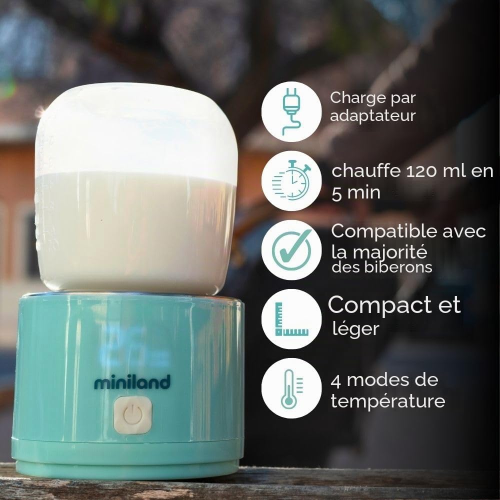Miniland Warmy On the Go Chauffe-biberons portable, léger et compact, comprend des adaptateurs pour biberons et un câble de charge, idéal pour les voyages et les promenades, accessoires d'alimentation