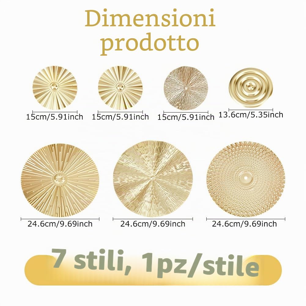 DICOSMETIC 7 piatti circolari in metallo dorato, decorazione da parete, decorazione da parete, decorazione da parete, decorazione moderna per casa, ufficio, camera da letto