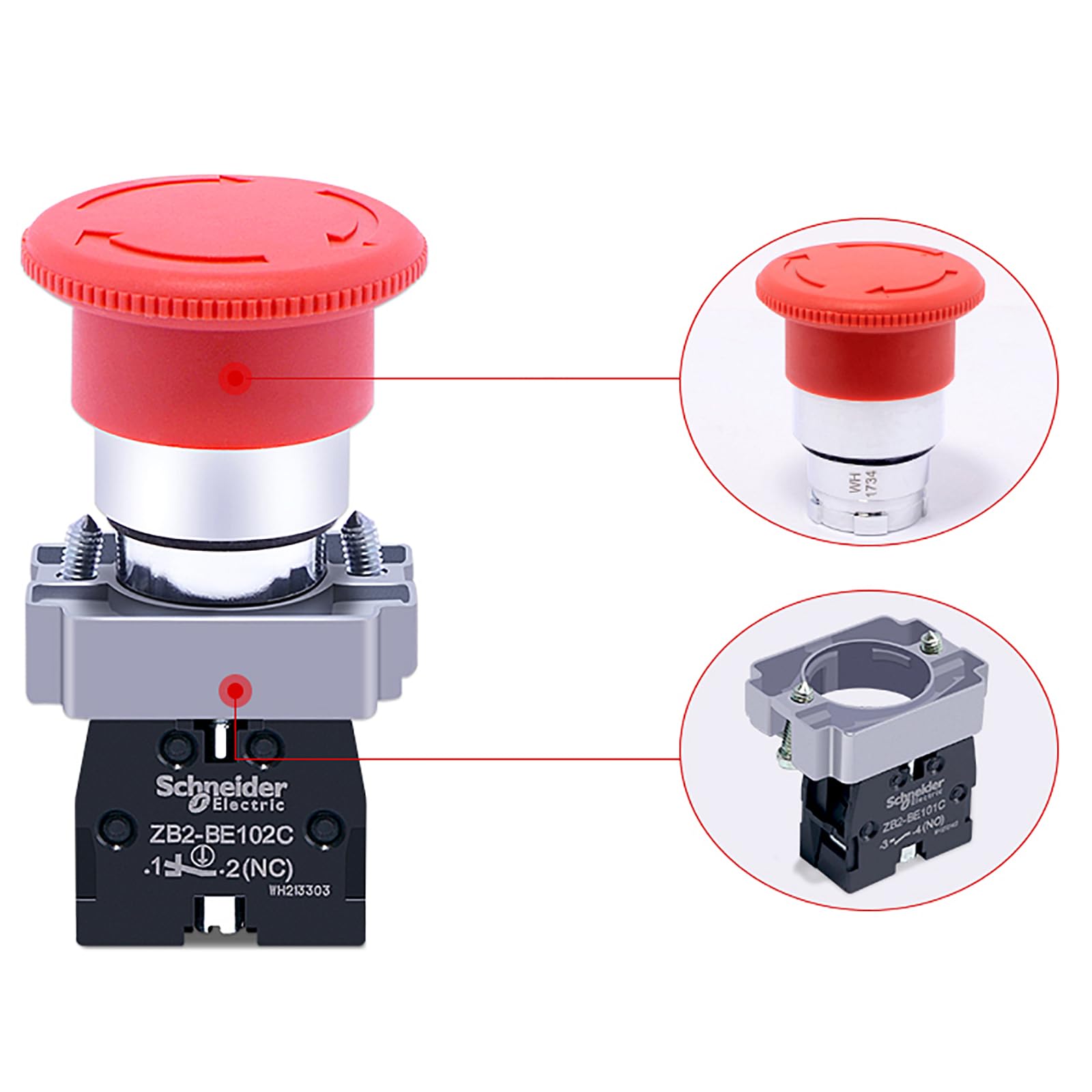 Powice Interruttore di emergenza, rosso, pulsante a fungo, XB2-BE102, contatto NC, 240 V, 2 pezzi
