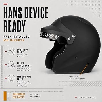 Conquer Snell SA2025 Approved Open Face Auto Racing Race Car Helmet - Adult | Men | Women | Youth - ( Black / White / Silver )