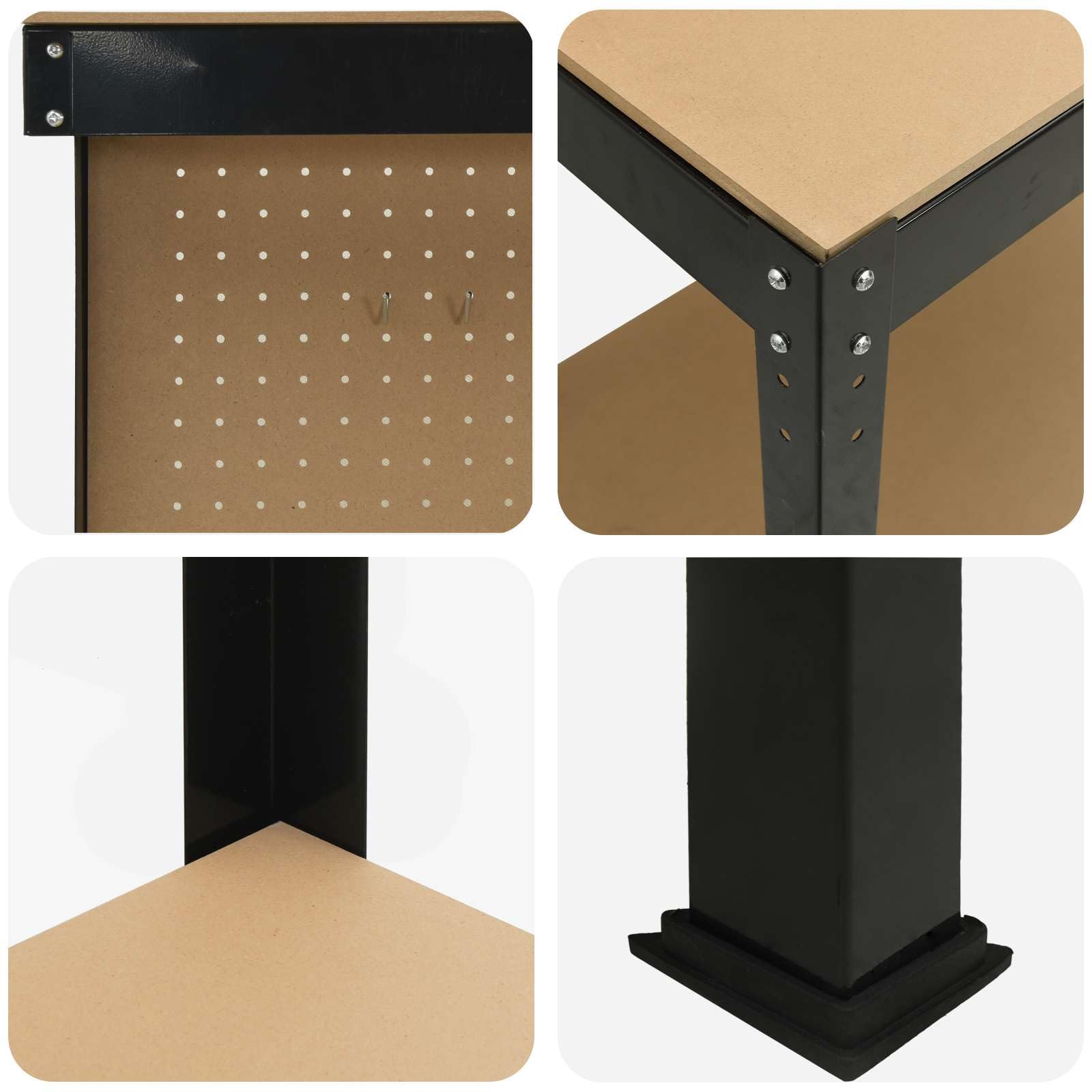 Banco de trabajo estable de madera y metal para taller y garaje con almacenamiento, pared perforada y cajón en color negro, 81 x 41 x 145 cm