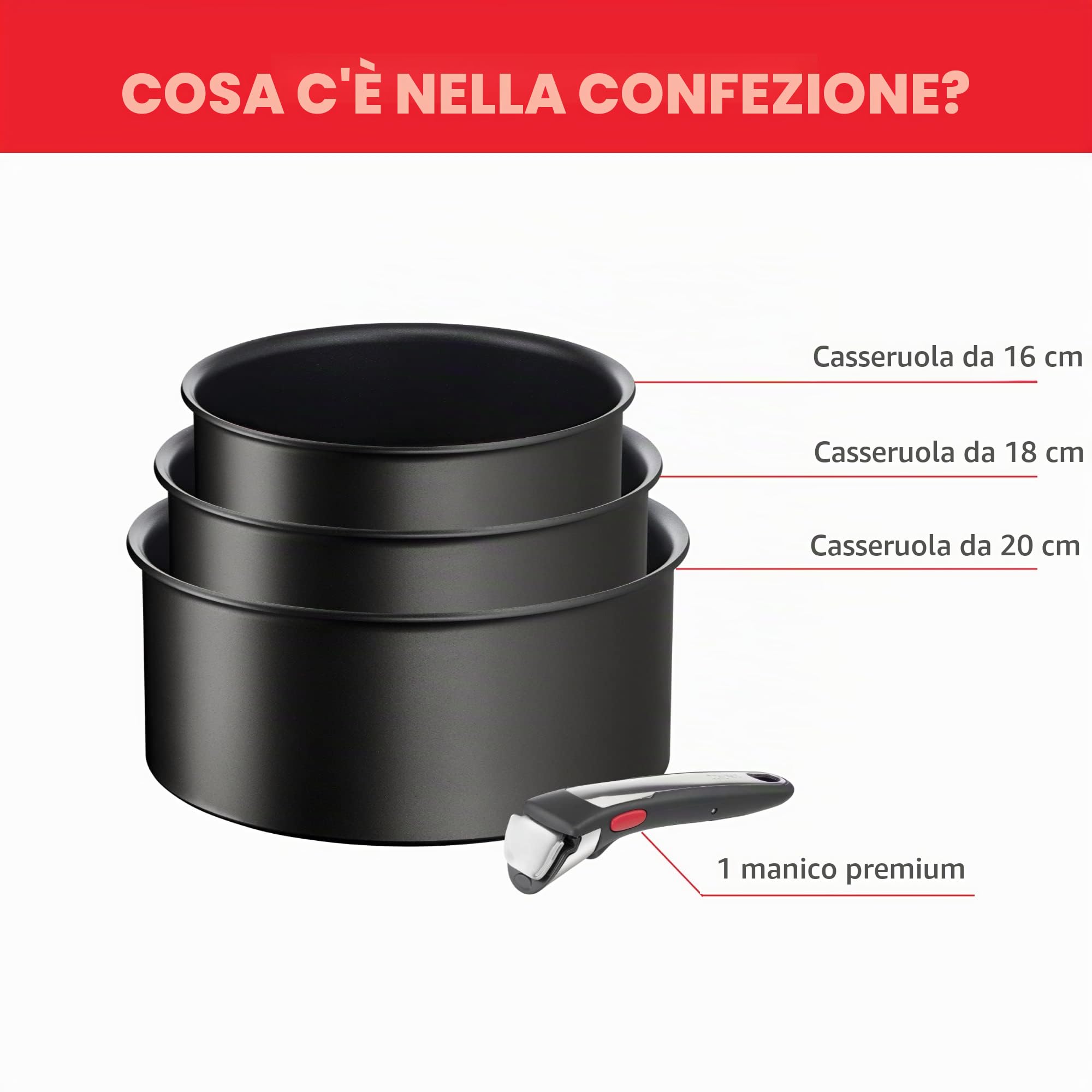 Tefal Ingenio - Set di 3 pentole + manico rimovibile, induzione, rivestimento antiaderente, impilabile, lavabile in lavastoviglie, made in Francia, Eco Resist On L7679202