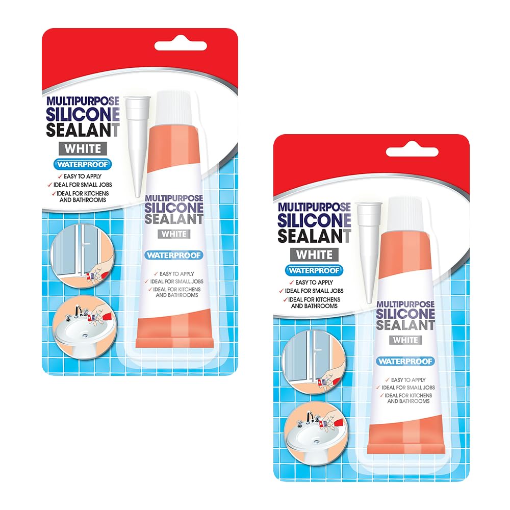 2x Karrma Waterproof Silicone Sealant White 70g - Kitchen Bathroom Mould Resistant, Anti-Fungal Easy Apply Flexible Waterproof