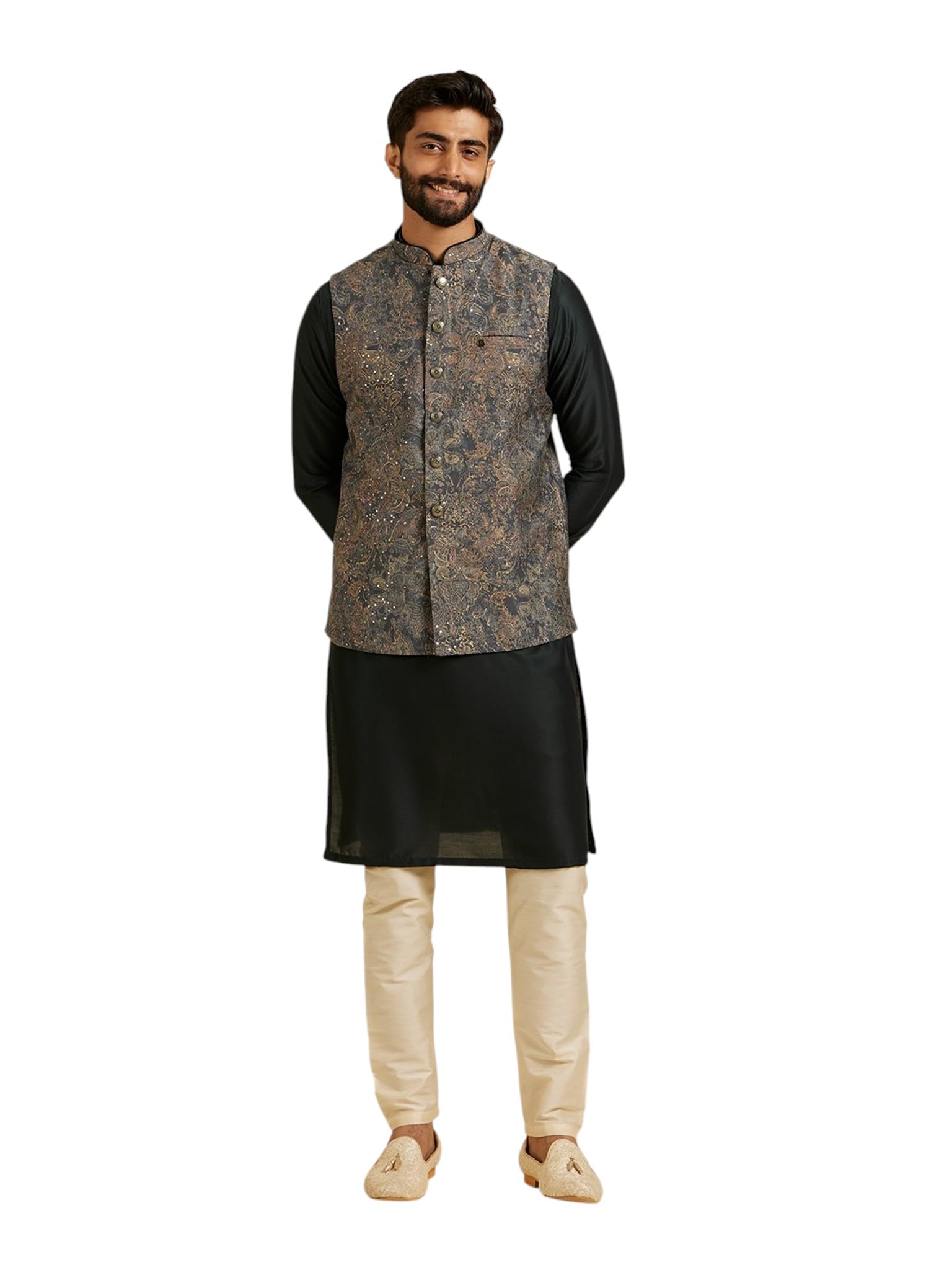 manyavar Men's Blended Viscose Paisley Print Bandhgala Jacket & Kurta Set (3pcs)-picture-23