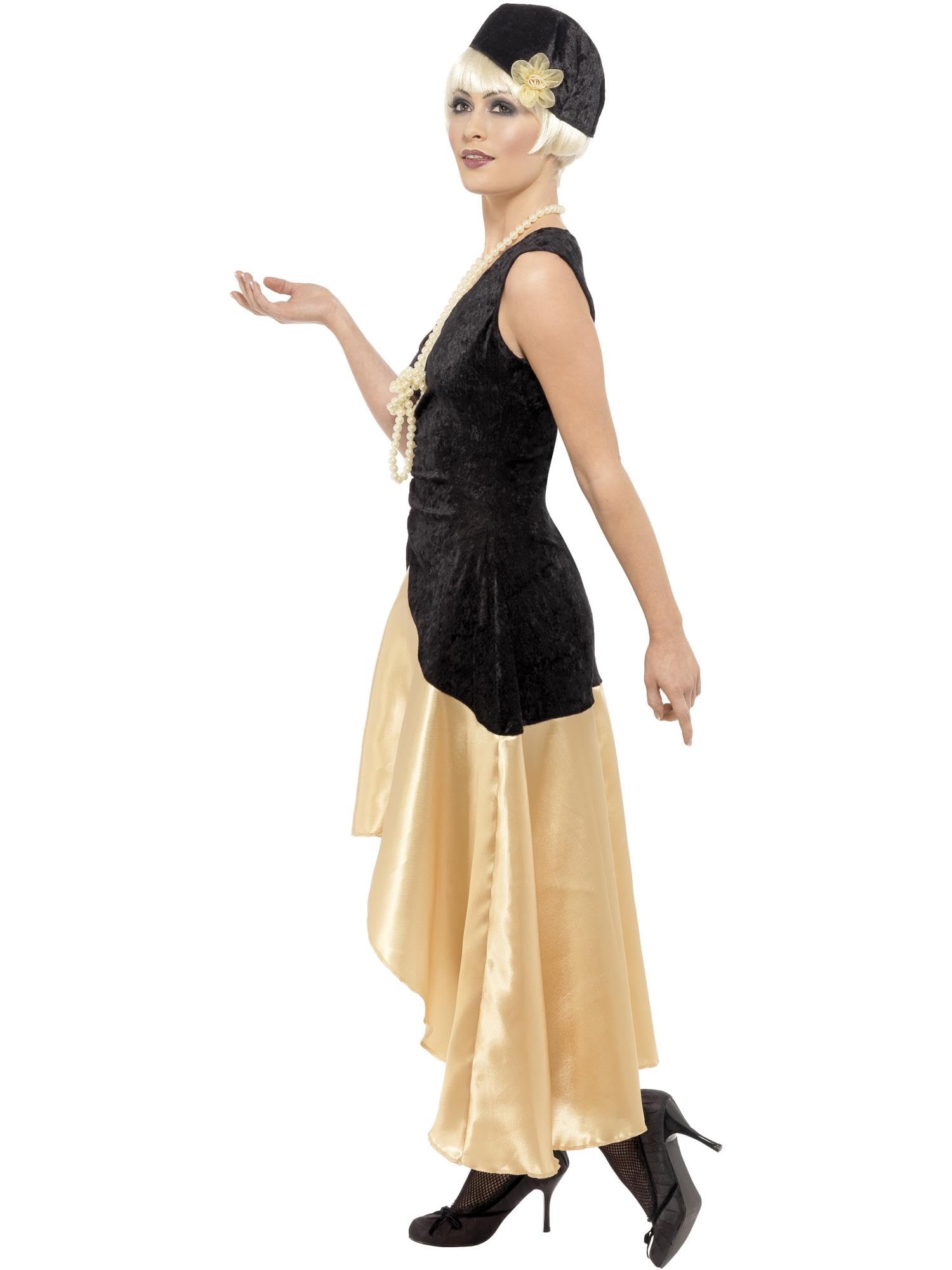 Smiffys 20s Gatsby Girl Costume, Black Dress, Hat and Pearl Necklace, 1920's Razzle Fancy Dress, 1920s Dress Up Stock Type R & O