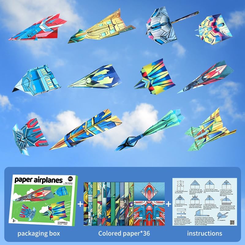 3D Paper Airplane Origami Kit for Kids, DIY Paper Plane Craft Set, Assorted Flying Paper Aircraft Models to Fold and Build