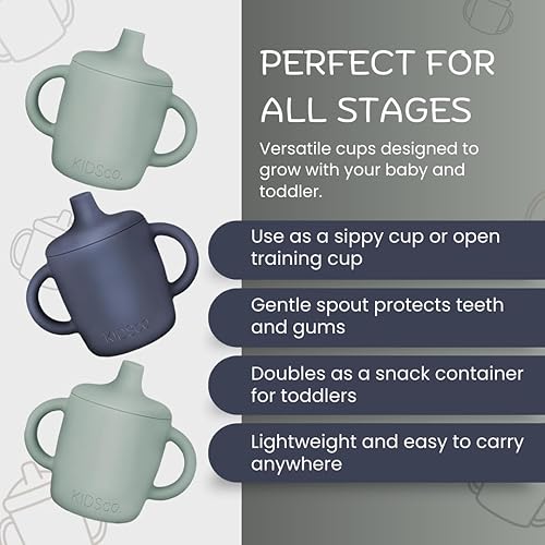 Miniatura 4 de KIDSco. Tazas de silicona con asa para bebés (paquete de 2)  Pico suave y tazas de entrenamiento abiertas para bebés de 6+ meses  Asas de fácil
