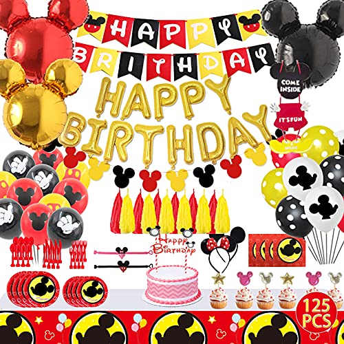 Mickey Mouse Birthday Party Supplies, Banner, Tableware, Tablecloth, Balloons, Cake Toppers Photo Prop for Boys Girls Baby Bday 124pcs Mickey Decorations For Kids Birthday Party, Serves 10 Guests