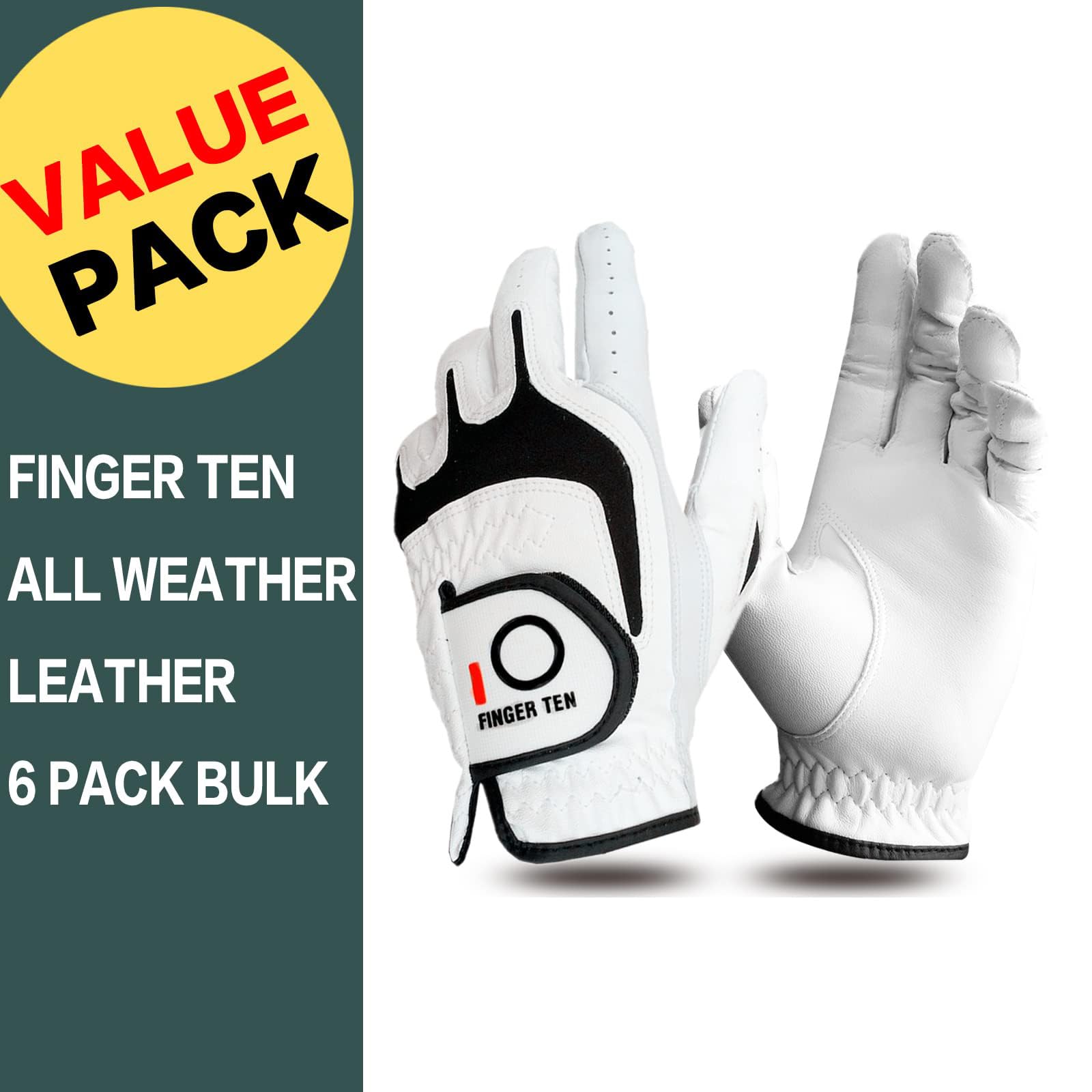 FINGER TEN Premium Cabretta Leather Golf Gloves Men 6 Pack for Right Left Handed Golfer, Comfortable Glove with All Weather Grip for Left Right Hand Size S M ML L XL