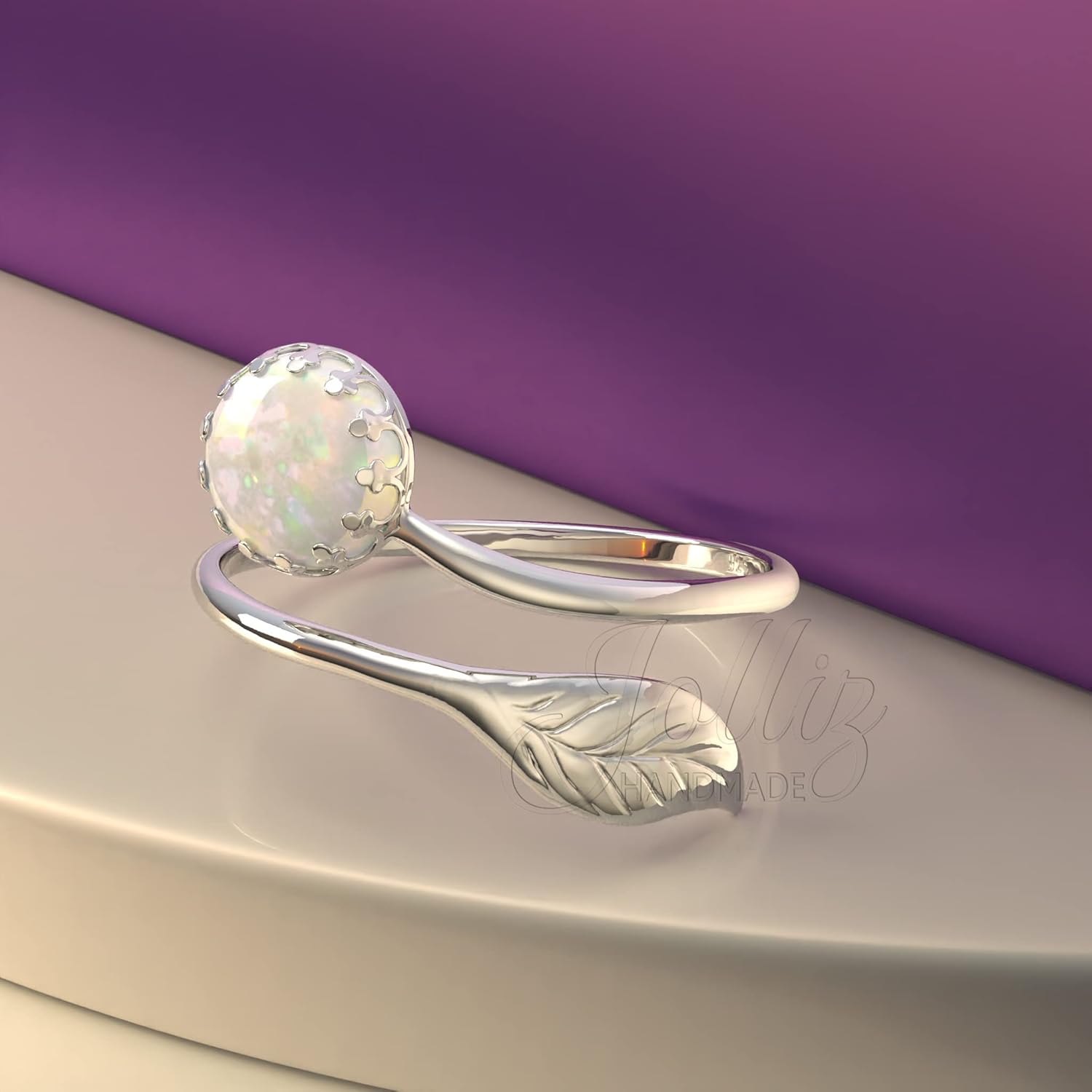 Jolliz 925 Sterling Silver Opal Ring for Women – Adjustable Wrap Leaf Band with 8mm Opal Stone – Dainty Statement Ring for Everyday Wear – Gift Ready Silver Opal Jewelry for Her - Image 5