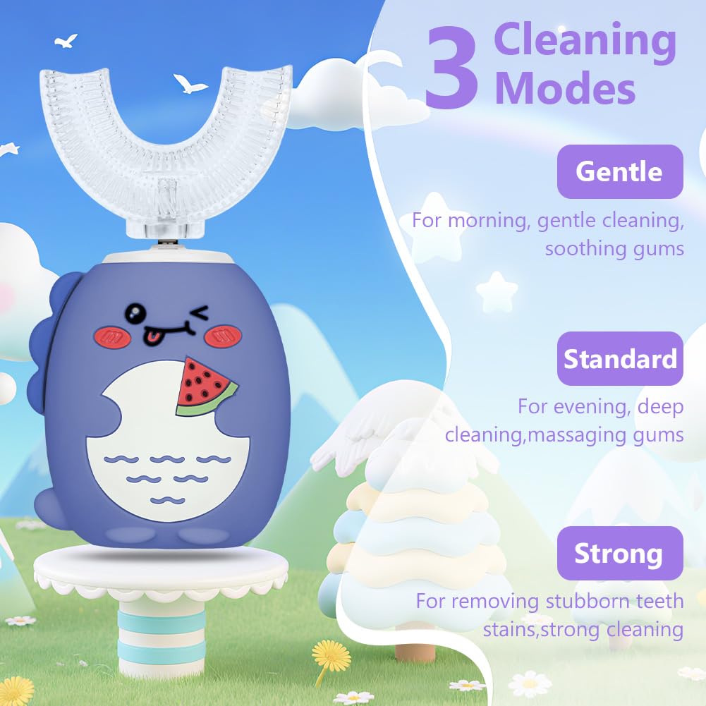 Vicloon Cepillo de dientes Eléctrico para Niños, Ultrasónico Limpieza Automática Cepillos Forma de U, con 2 Cabezales Silicona, 360º 3 Velocidades Limpieza Profunda de Dientes de Leche 2-6 Años Azul