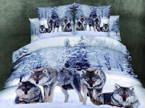 Cliab Wolf Bedding Set Queen Size Wolf Print Bedding Set Manly Bedding 100% Cotton 4pcs