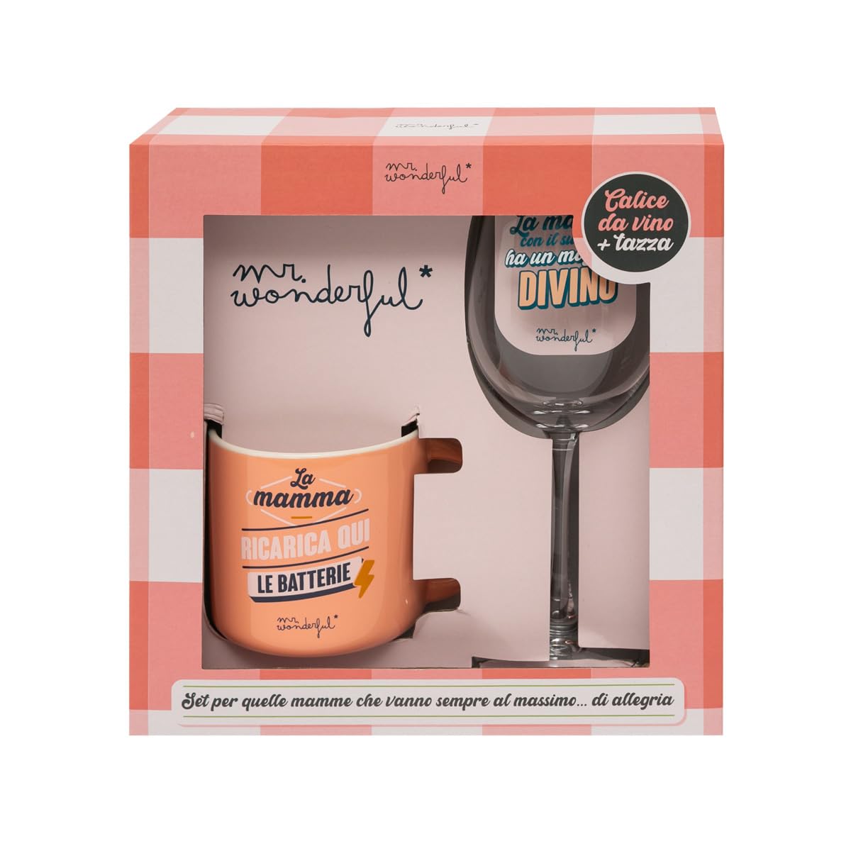 Mr. Wonderful - Set of wine glass + mug for those mothers who always go to the maximum... of joy