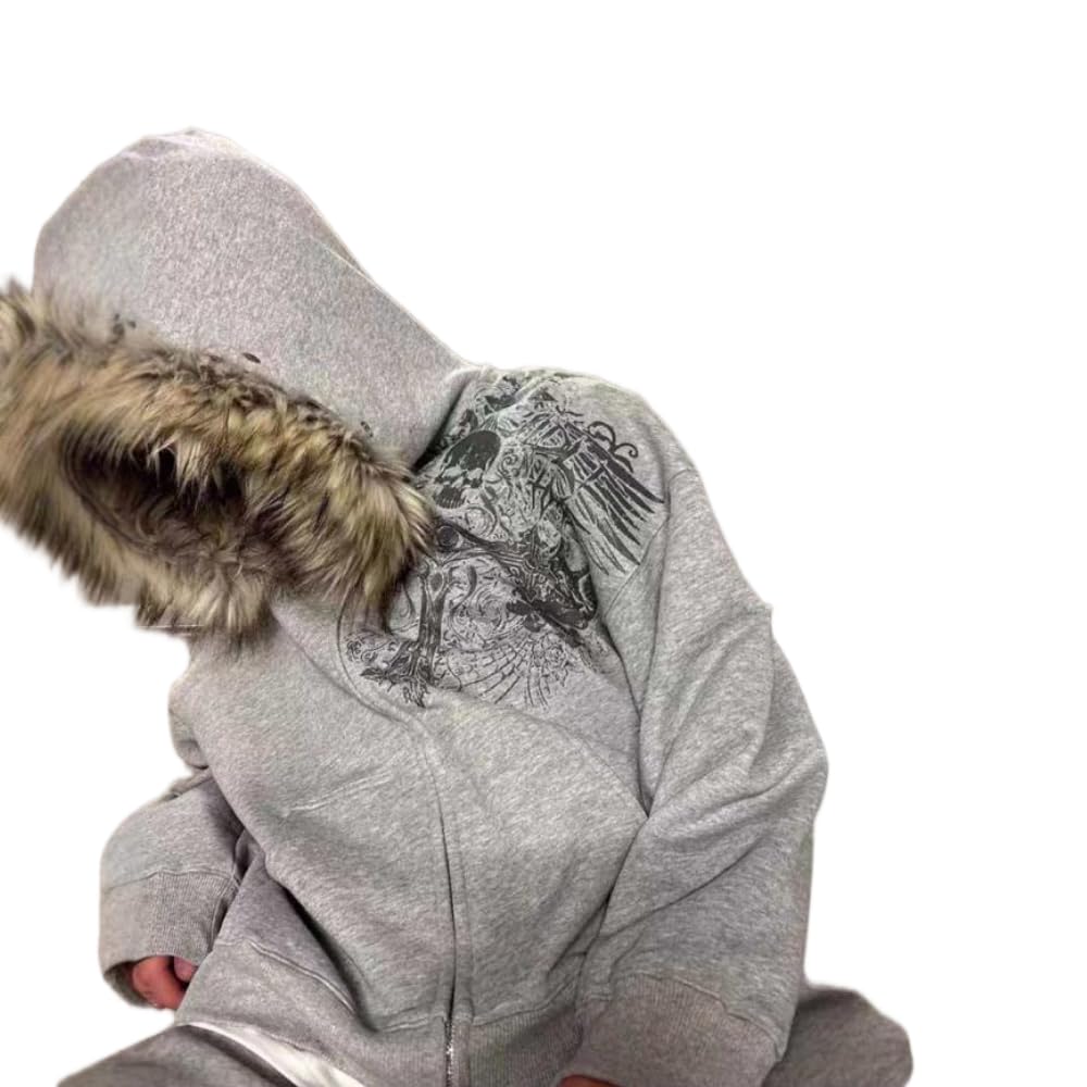 ZBDZSW Street Fashion Inverno personalità Stampa Design Cerniera Felpa con Cappuccio Donna Y2k Harajuku Vintage Collo in Pelliccia Calda Giacca Larga