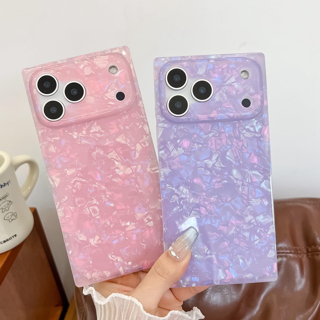 Compatible with iPhone 17 Case Rectangle for Women,Luxury Sparkle Colorful Shell Protective Soft Slim Girly Cover Designed for 17-6.3 inch (Pink Shell) image 2