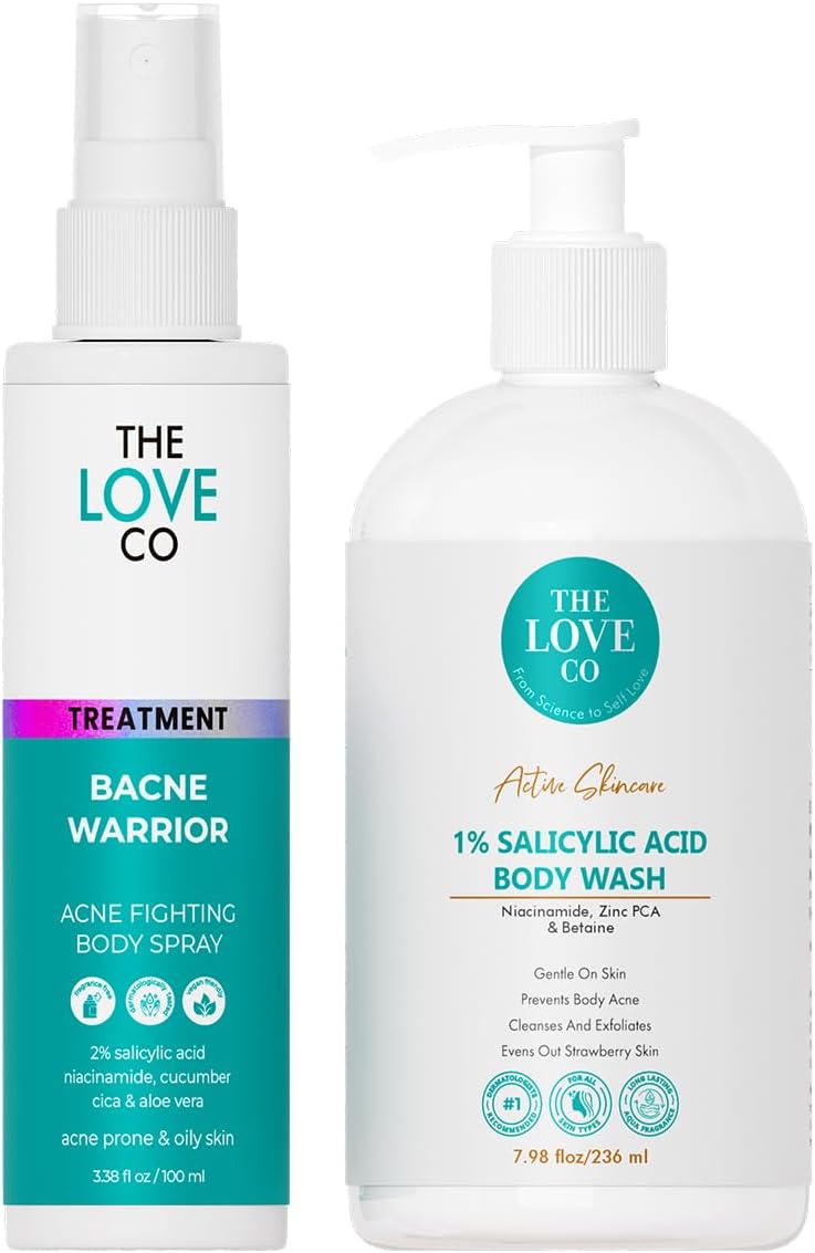 THE LOVE CO 01% Salicylic Acid Body Wash + Acne Body Spray| Body & Back Acne | Prevents Dry, Rough, Bumpy, and Strawberry Skin | Deep Cleanses Skin Combo Pack of 2