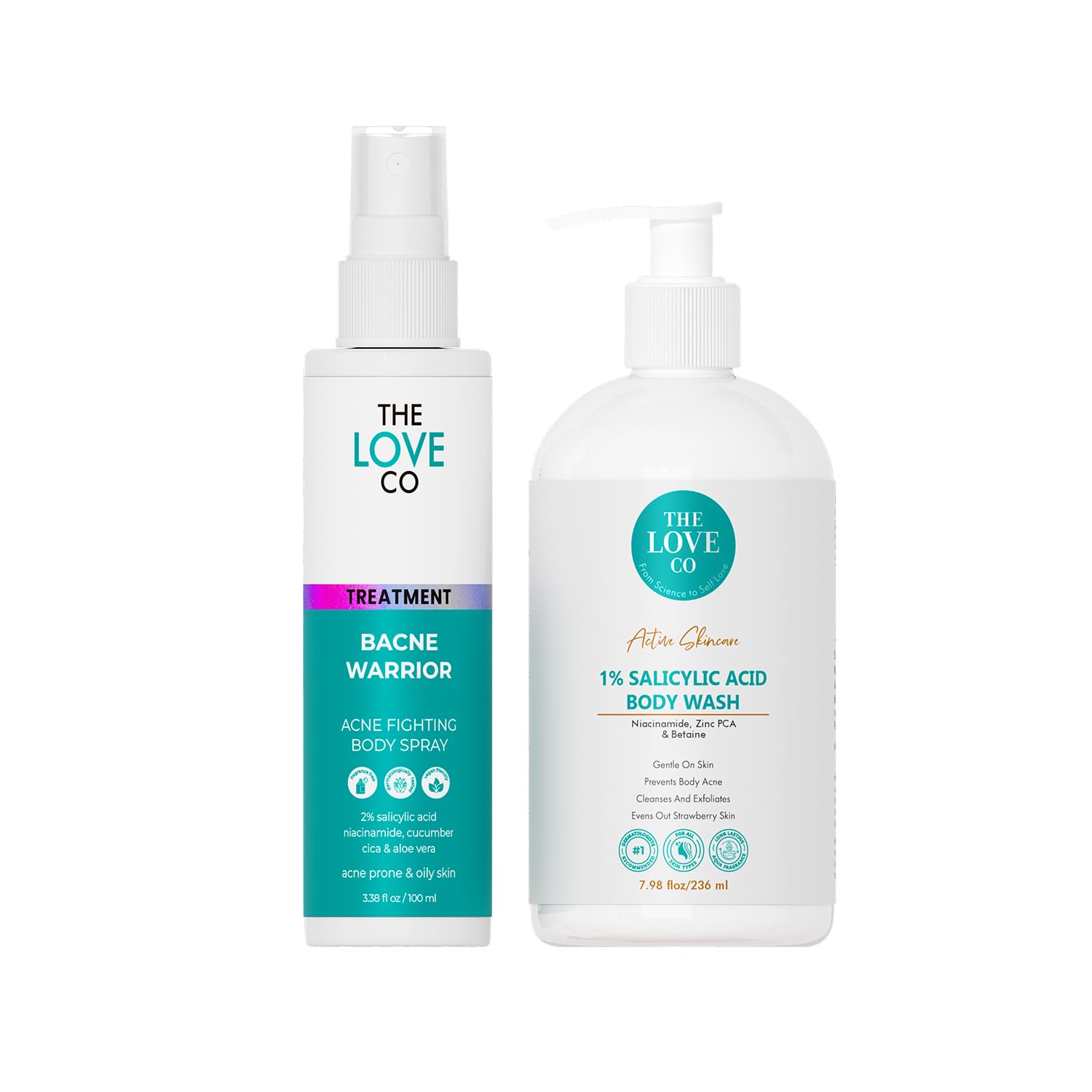 THE LOVE CO 01% Salicylic Acid Body Wash + Acne Body Spray| Body & Back Acne | Prevents Dry, Rough, Bumpy, and Strawberry Skin | Deep Cleanses Skin Combo Pack of 2