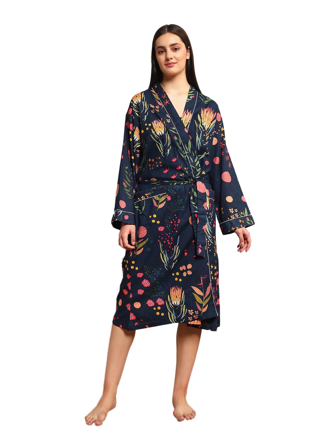 Ravaiyaa - Attitude is everything Indian Handmade Printed Cotton Bath Robe, Night Wear, Dressing Gown, Kimono Dress (Blue Floral)-image-3