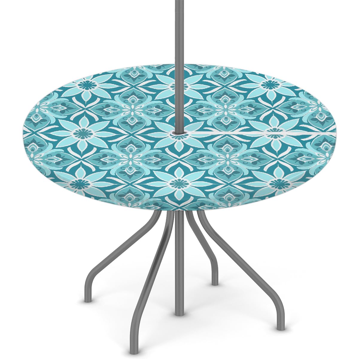 Round Garden Table Cloth With Parasol Hole, Blue Teal Mandala Outdoor Circular Fitted Tablecloth With Umbrella Hole Waterproof Elastic Edged Table Cover for Party Picnic, Fit for 45"-56" Round Tables